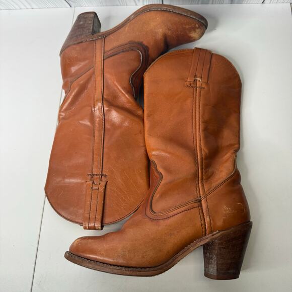 VTG 70s Dexter Brown Leather Stacked Heel Western Boots Size 6 USA Distressed - Picture 4 of 10